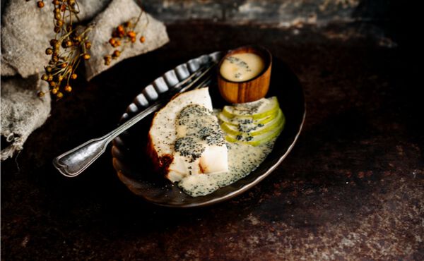 Elegant plate of slow roasted celeriac, miso beurre blanc and caviar.